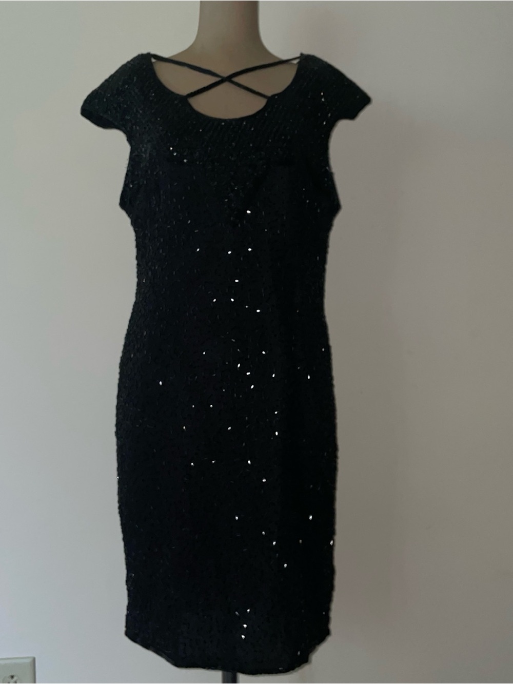 Papell Boutique Black beaded-silk-shimmer Midi Dress with Crisscross Back Straps